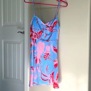Sundress. Periwinkle blue with orange and pink Hawaiian floral print. Size 4.